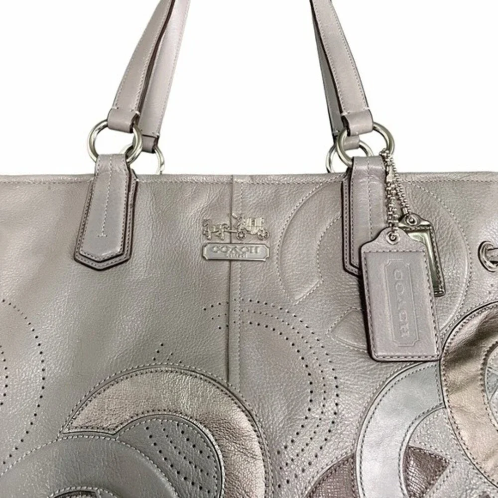 Coach Chelsea Inlaid Leather Charlie Tote Patchwork Gray Silver Blue Lining NEW